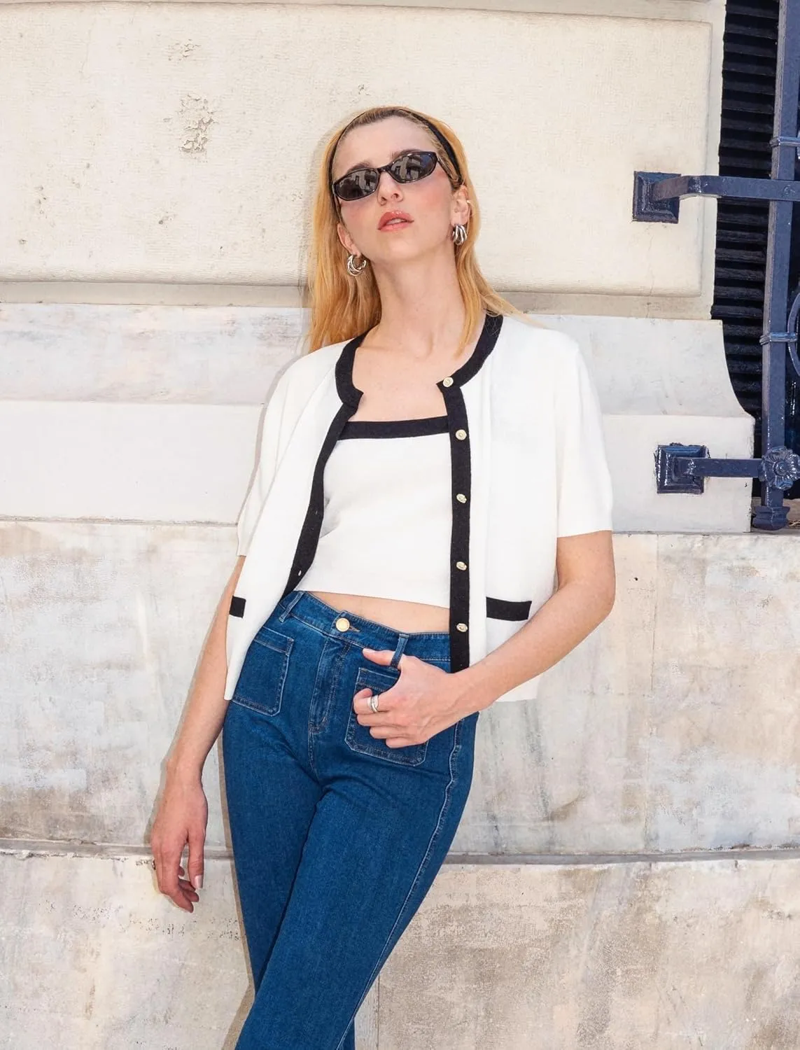 2024 Womens Summer 2 Piece Sets Short Sleeve Knitted Cardigan Sweaters and Camisole Cropped Lightweight Contrast Tops