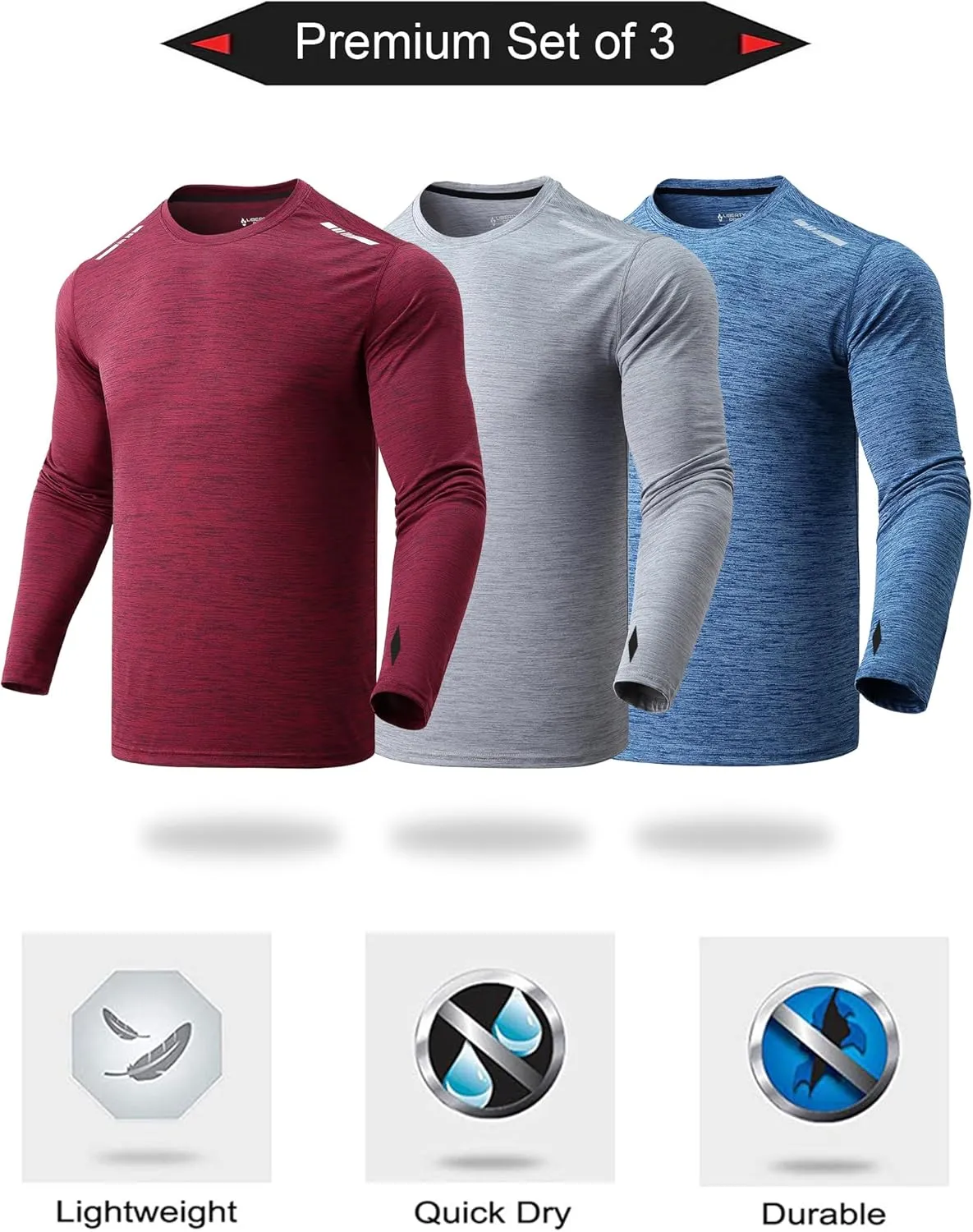 3 Pack: Men's Long Sleeve T Shirts, Dry Fit UV Sun Protection Hiking Athletic Active Tops with Thumb Holes