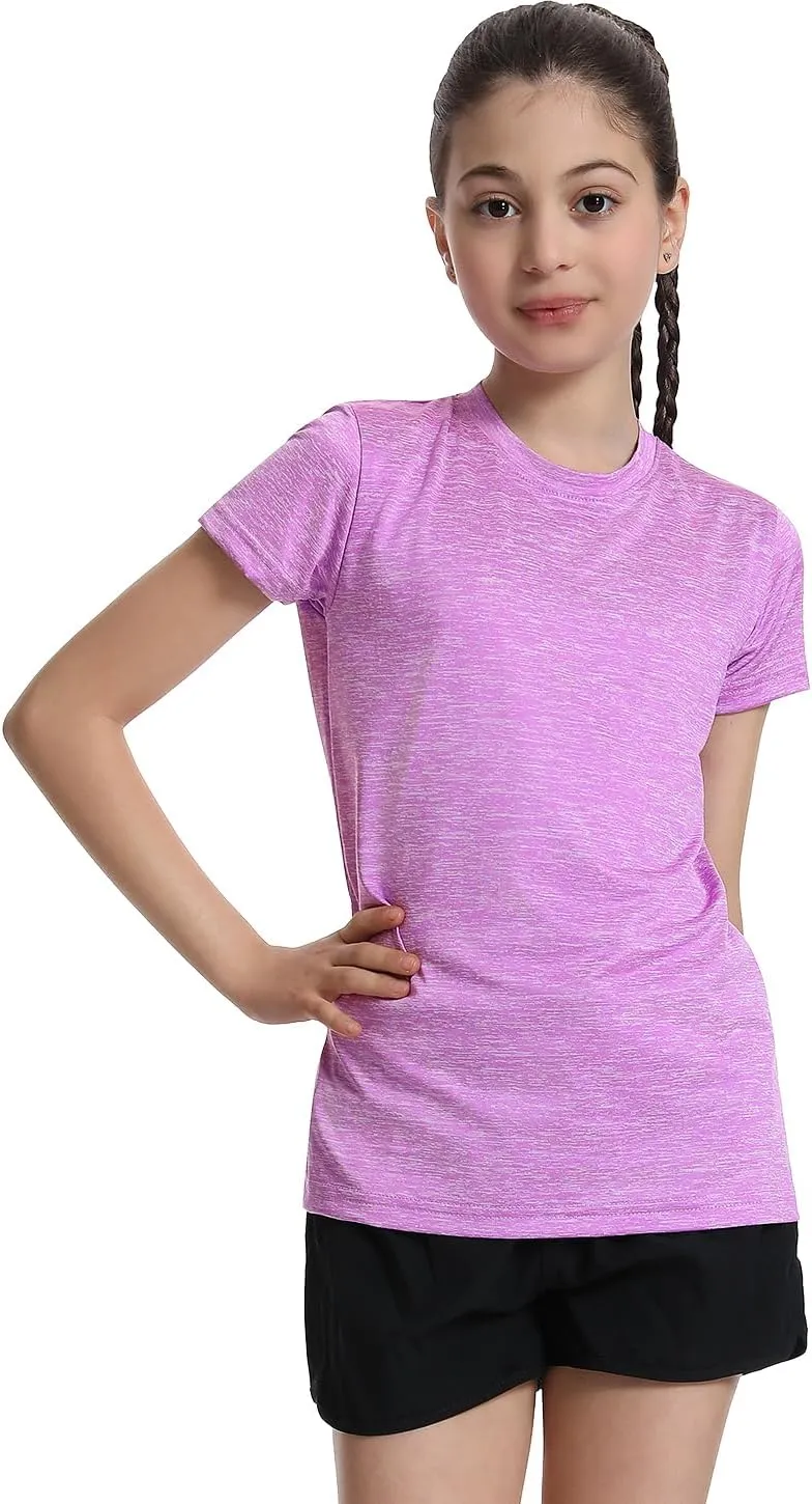 5 Pack Girls Athletic Shirts Short Sleeve Dry Fit Sports T-Shirts Crew Neck Activewear Tees Tops for Kids Teens