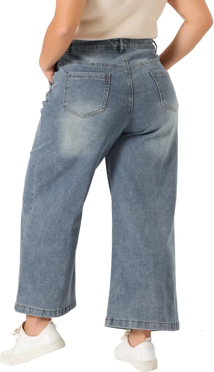 Agnes Orinda Plus Size Jeans for Women Wide Leg Baggy Washed Stretch with Pockets Denim Ankle Pants