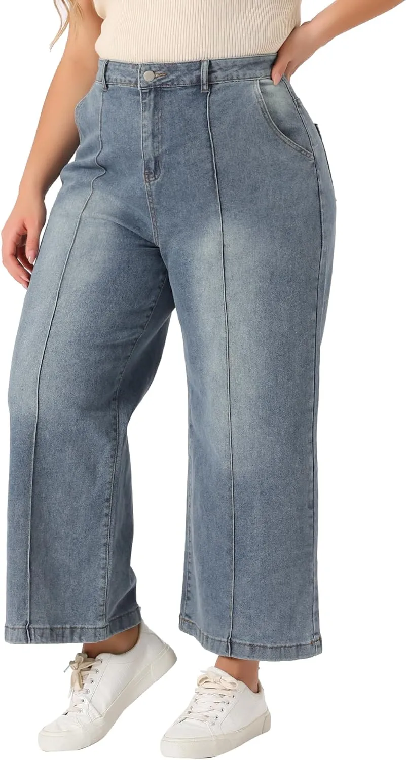 Agnes Orinda Plus Size Jeans for Women Wide Leg Baggy Washed Stretch with Pockets Denim Ankle Pants