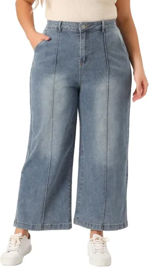 Agnes Orinda Plus Size Jeans for Women Wide Leg Baggy Washed Stretch with Pockets Denim Ankle Pants