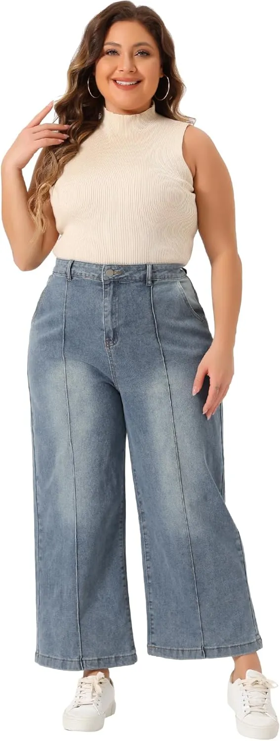 Agnes Orinda Plus Size Jeans for Women Wide Leg Baggy Washed Stretch with Pockets Denim Ankle Pants