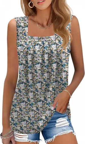 AKEWEI Summer Tank Top for Women Square Neck Sleeveless Tops Flowy Pleated Tunic Loose Fit S-3XL