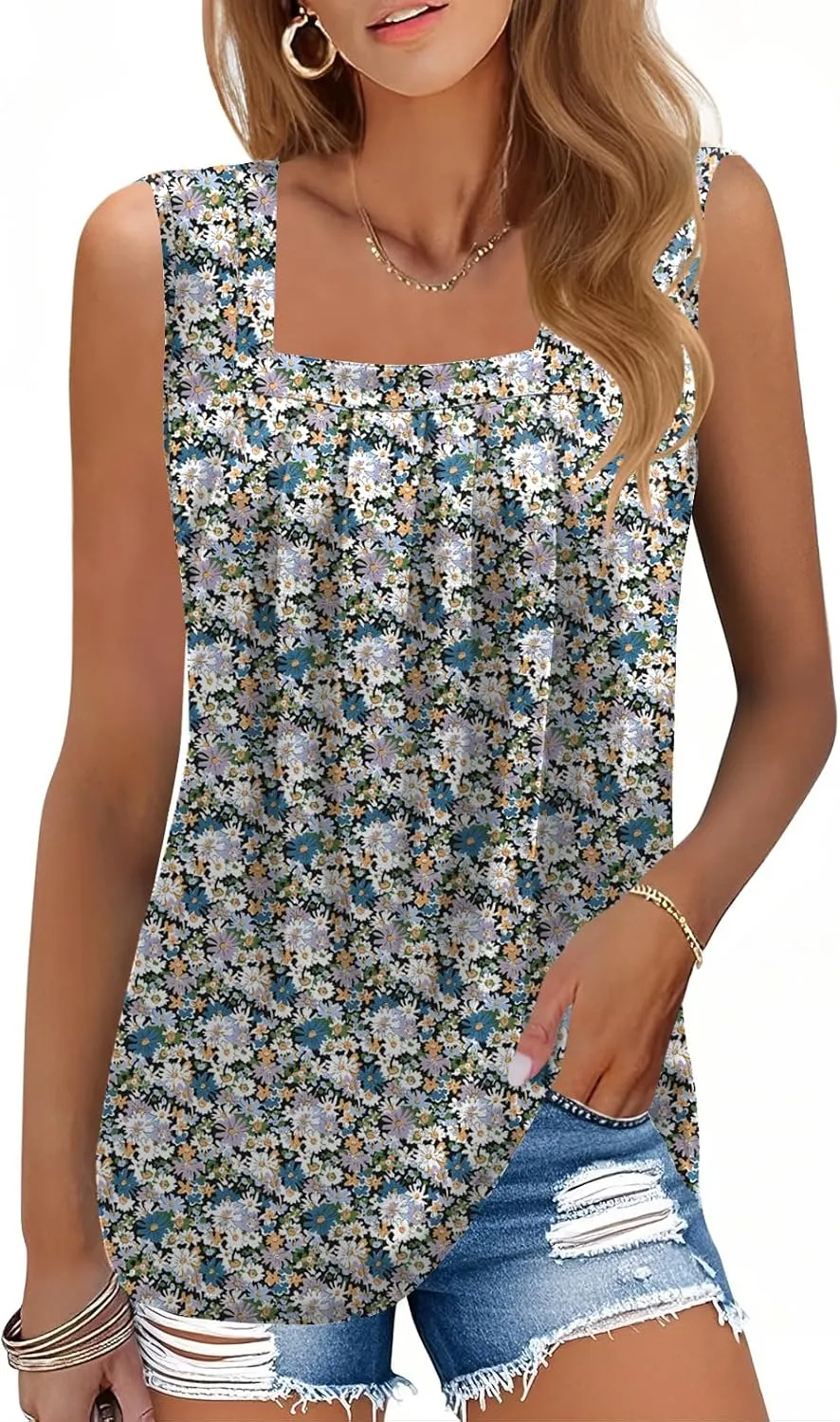 AKEWEI Summer Tank Top for Women Square Neck Sleeveless Tops Flowy Pleated Tunic Loose Fit S-3XL