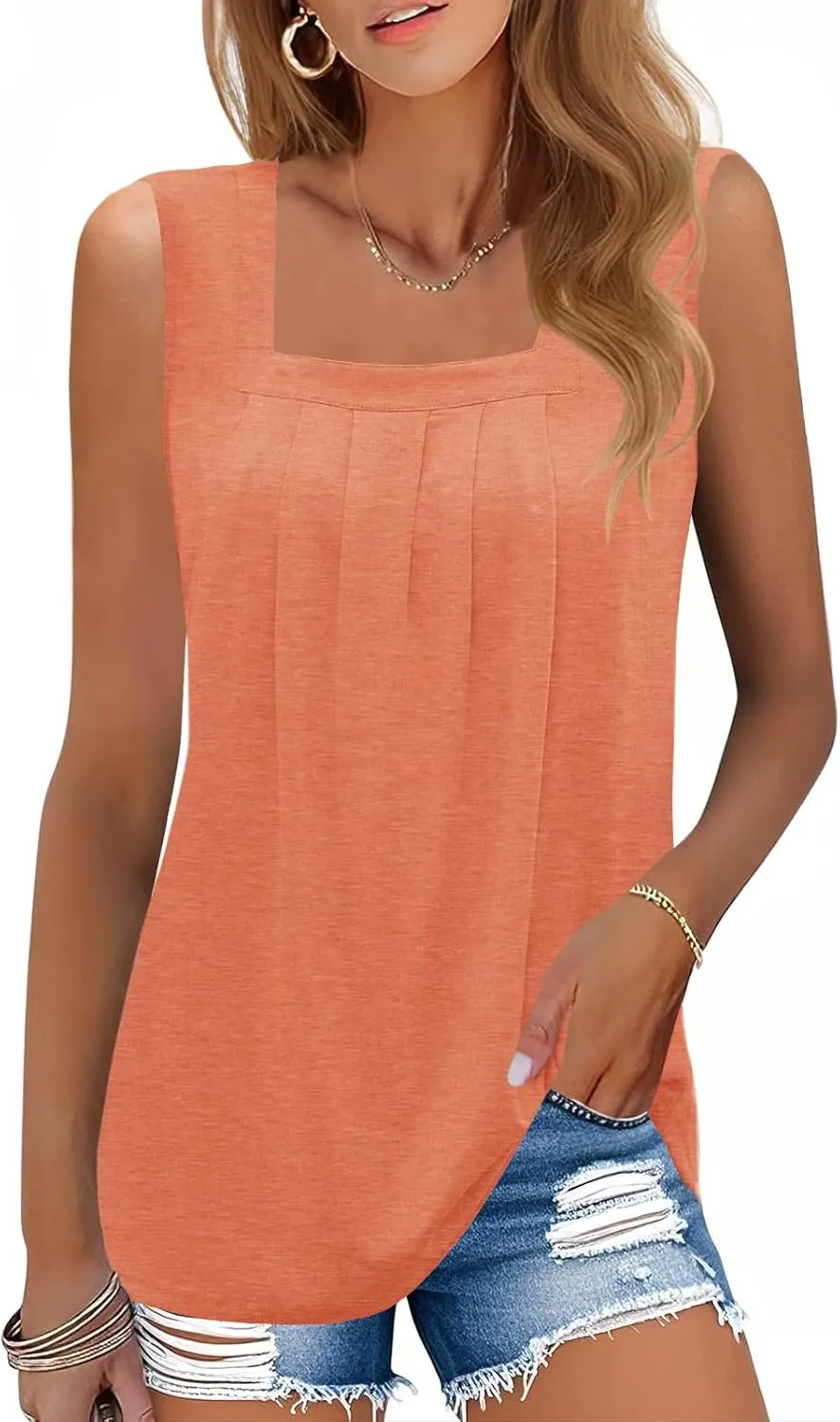 AKEWEI Summer Tank Top for Women Square Neck Sleeveless Tops Flowy Pleated Tunic Loose Fit S-3XL