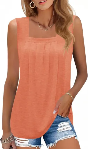 AKEWEI Summer Tank Top for Women Square Neck Sleeveless Tops Flowy Pleated Tunic Loose Fit S-3XL