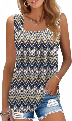 AKEWEI Summer Tank Top for Women Square Neck Sleeveless Tops Flowy Pleated Tunic Loose Fit S-3XL