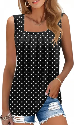 AKEWEI Summer Tank Top for Women Square Neck Sleeveless Tops Flowy Pleated Tunic Loose Fit S-3XL