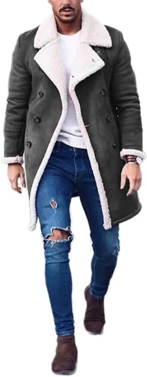 Akivide Men's Casual Sherpa Fleece Lined Jackets Peacoat Winter Warm Fur Collar Long Trench Coats Overcoat with Pockets