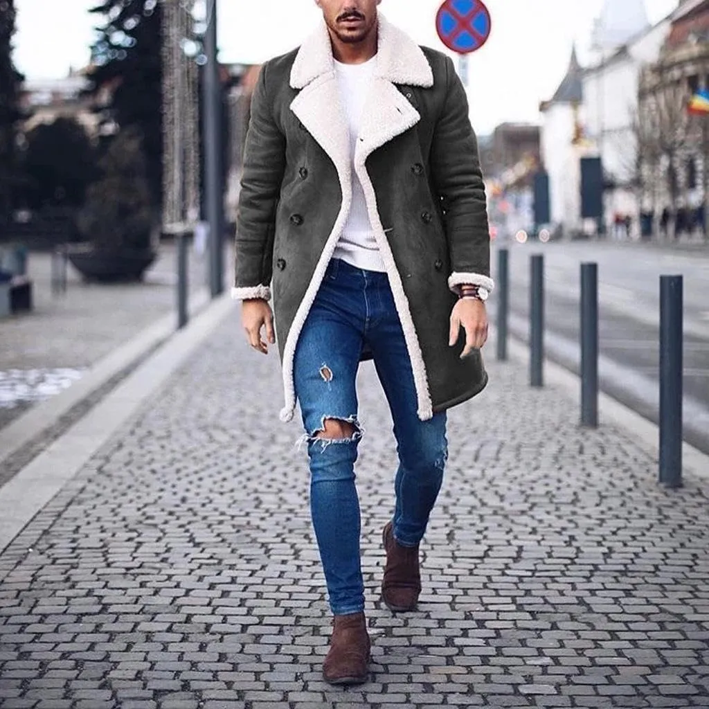Akivide Men's Casual Sherpa Fleece Lined Jackets Peacoat Winter Warm Fur Collar Long Trench Coats Overcoat with Pockets