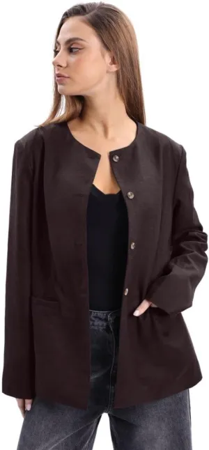 Amazhiyu Women's Linen Blend Round Neck Button Up Blazers Long Sleeve Coat Office