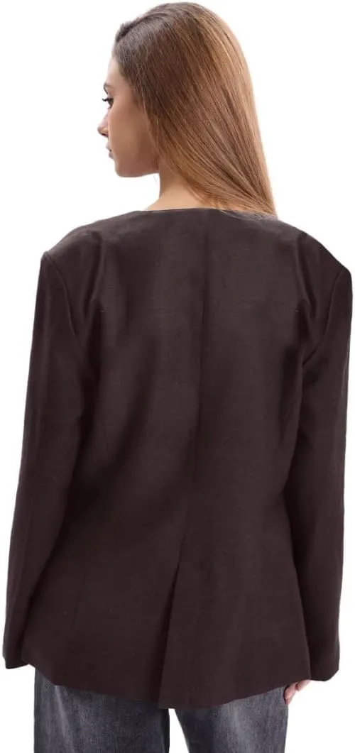 Amazhiyu Women's Linen Blend Round Neck Button Up Blazers Long Sleeve Coat Office
