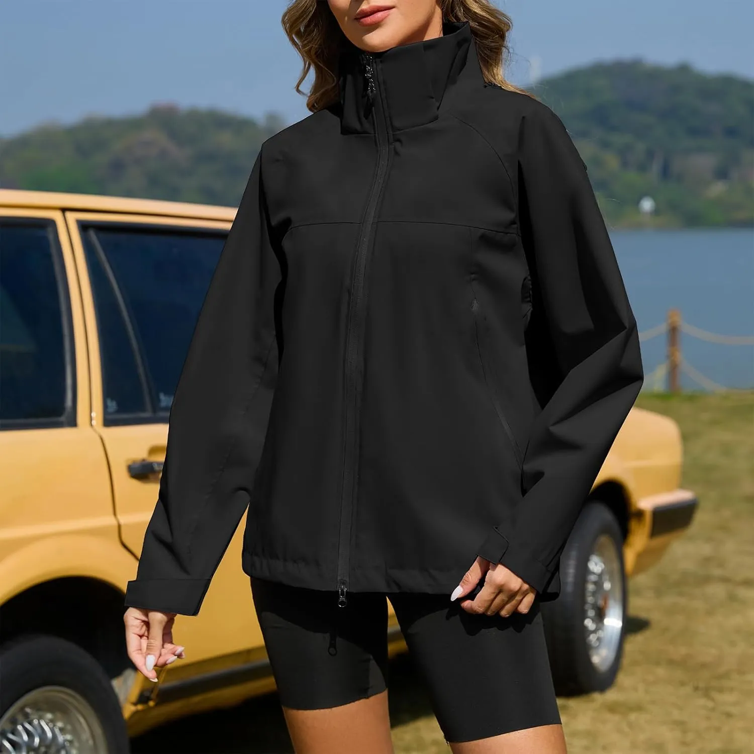American Trends Rain Jacket Women Waterproof with Hood Travel Rain Coats Loose Fit Windbreaker Spring Jacket