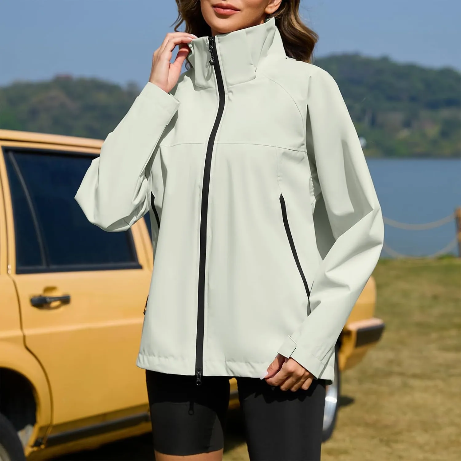 American Trends Rain Jacket Women Waterproof with Hood Travel Rain Coats Loose Fit Windbreaker Spring Jacket