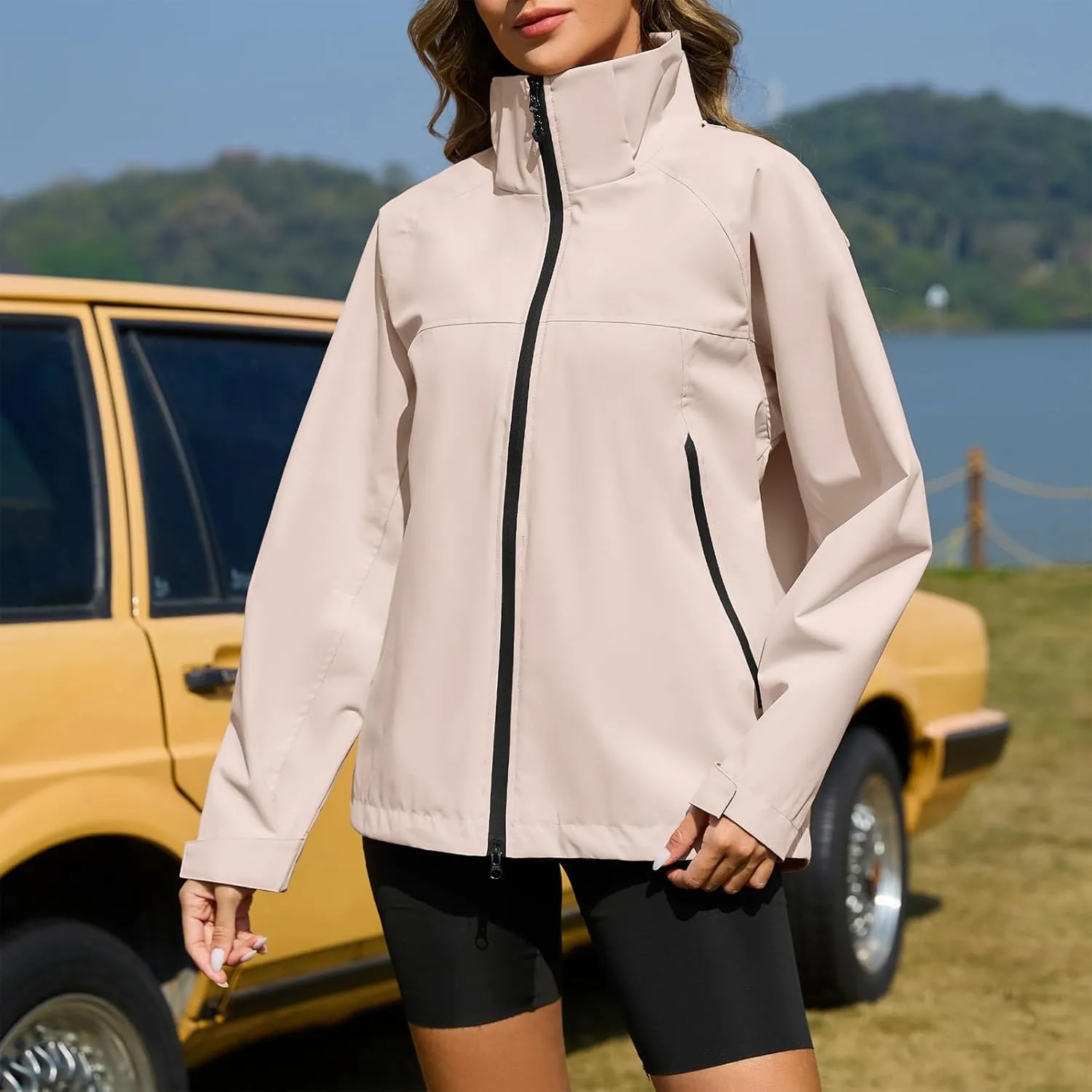 American Trends Rain Jacket Women Waterproof with Hood Travel Rain Coats Loose Fit Windbreaker Spring Jacket