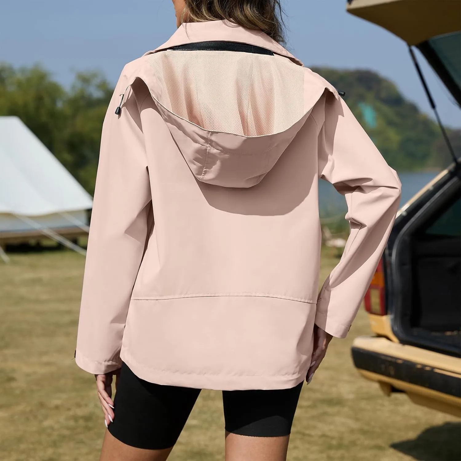 American Trends Rain Jacket Women Waterproof with Hood Travel Rain Coats Loose Fit Windbreaker Spring Jacket