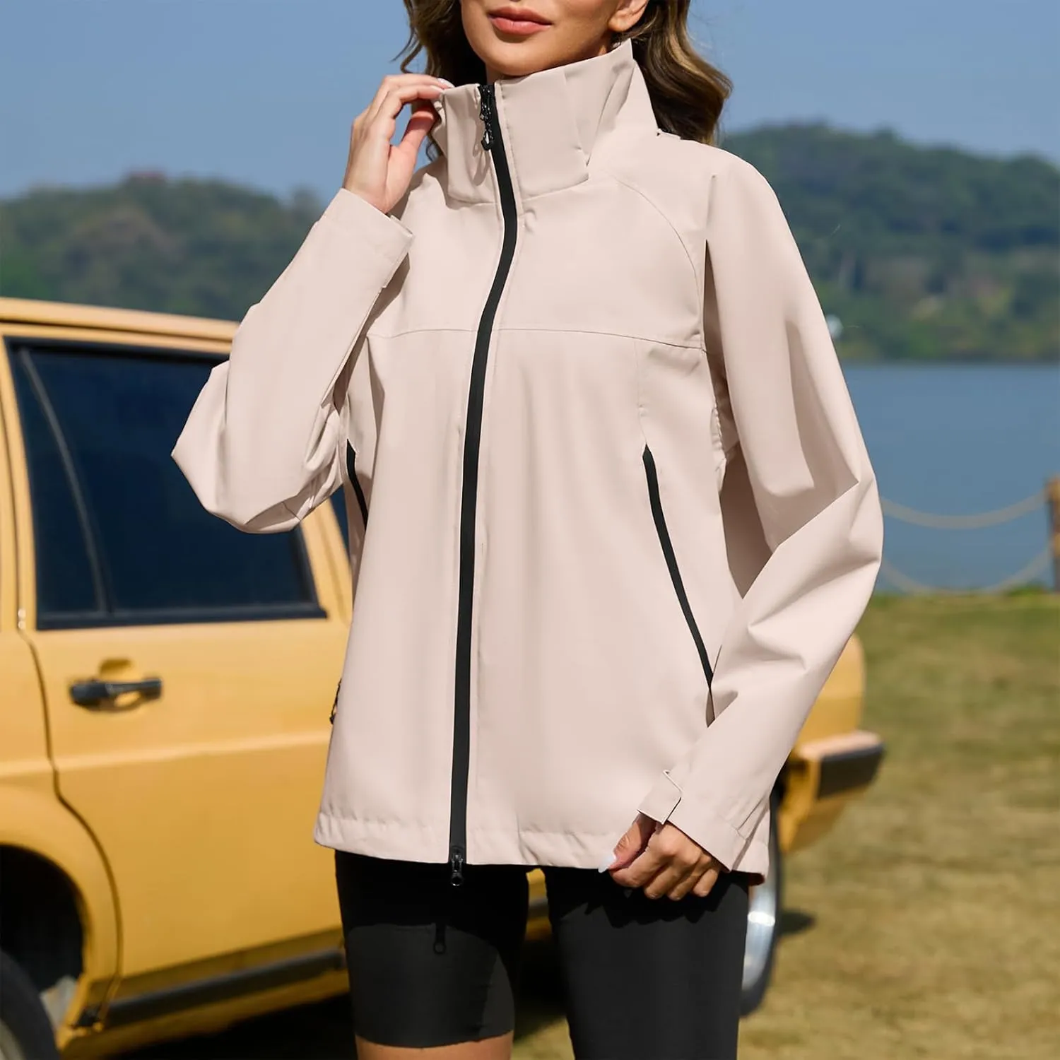 American Trends Rain Jacket Women Waterproof with Hood Travel Rain Coats Loose Fit Windbreaker Spring Jacket