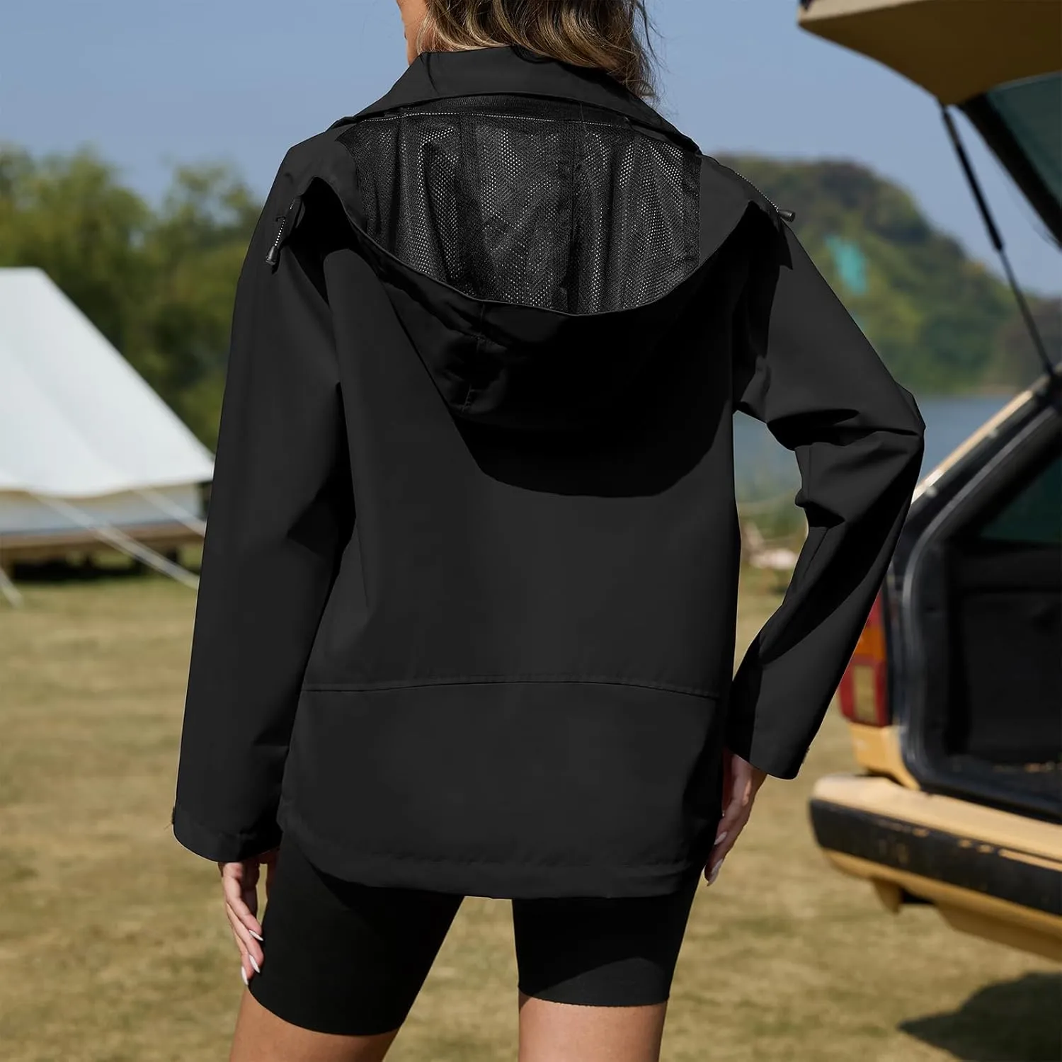 American Trends Rain Jacket Women Waterproof with Hood Travel Rain Coats Loose Fit Windbreaker Spring Jacket