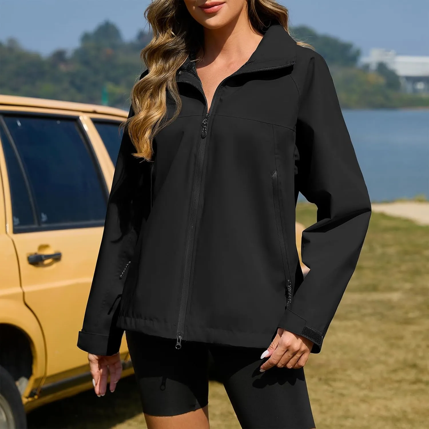 American Trends Rain Jacket Women Waterproof with Hood Travel Rain Coats Loose Fit Windbreaker Spring Jacket