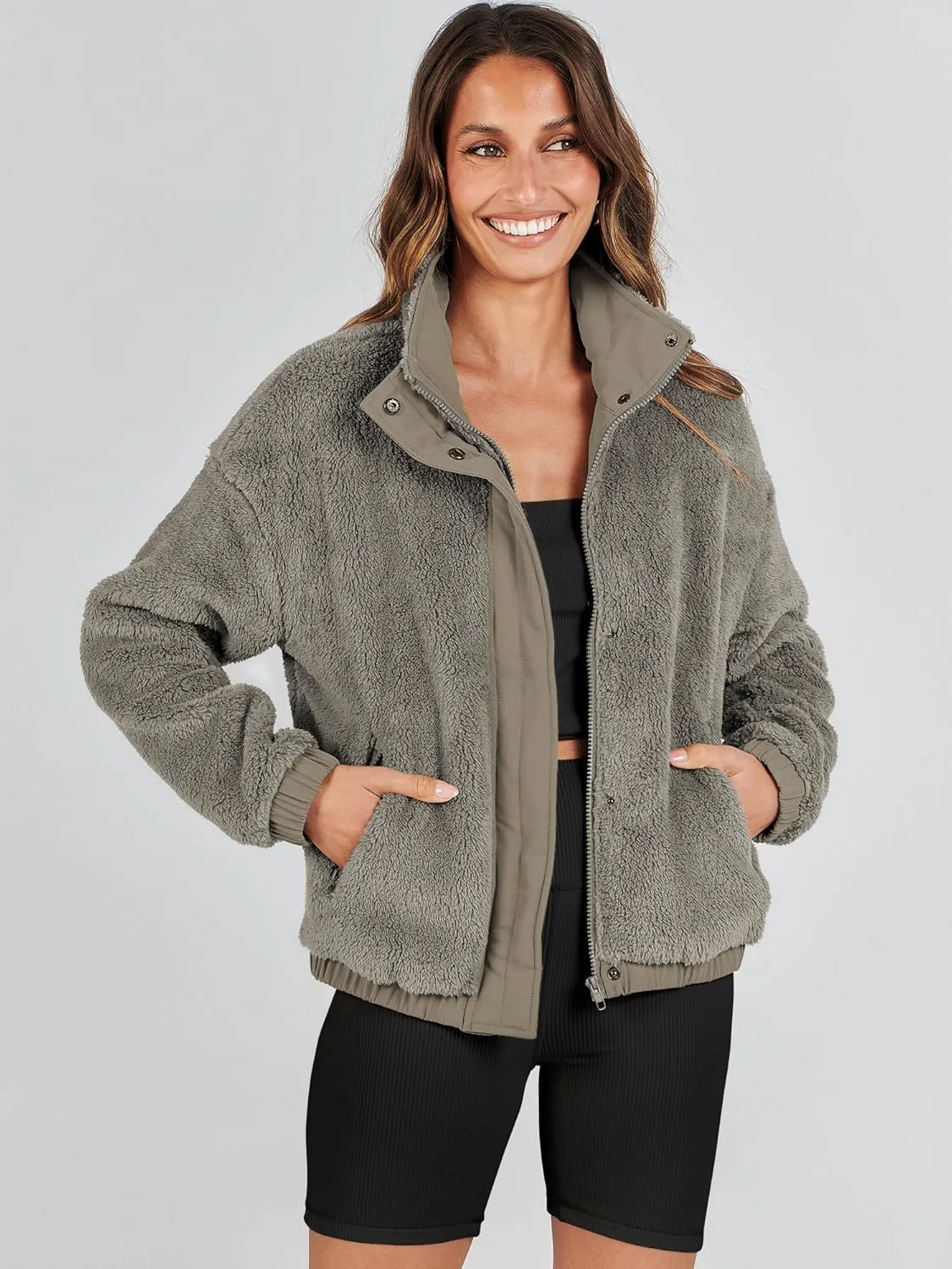 ANRABESS Womens Fleece Jacket Casual Long Sleeve Cropped Sherpa Button Down Fuzzy Warm Coats Fall Outwear With Pockets