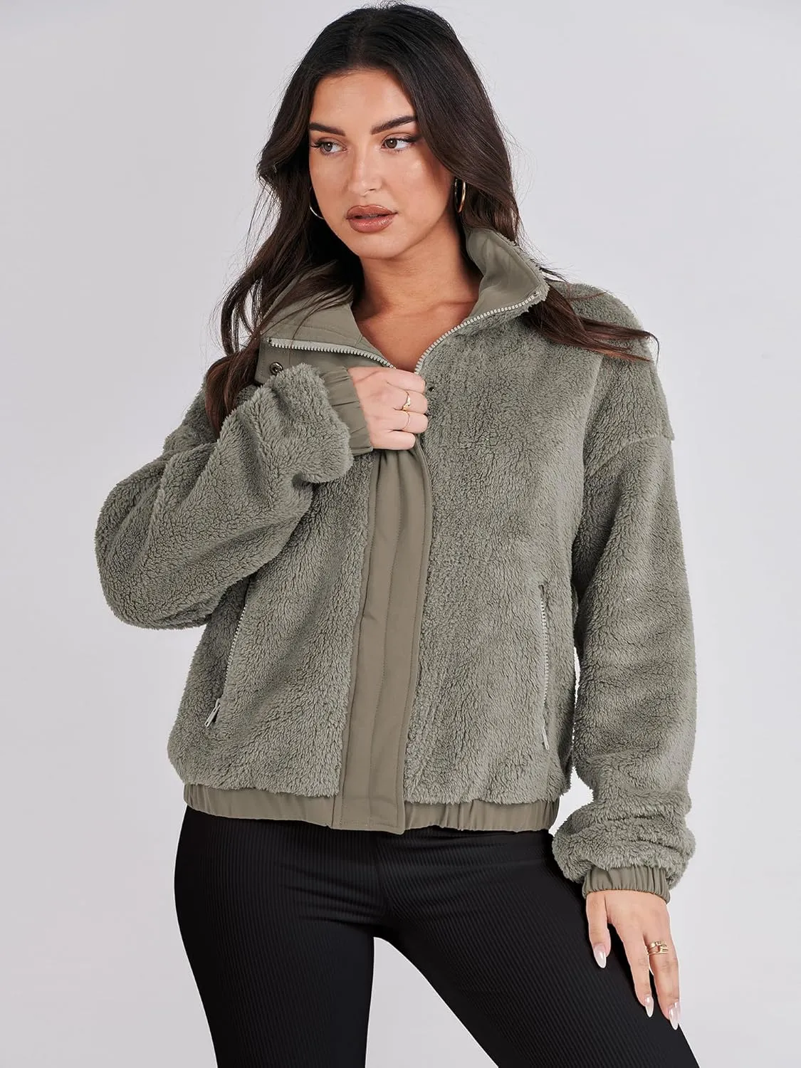 ANRABESS Womens Fleece Jacket Casual Long Sleeve Cropped Sherpa Button Down Fuzzy Warm Coats Fall Outwear With Pockets