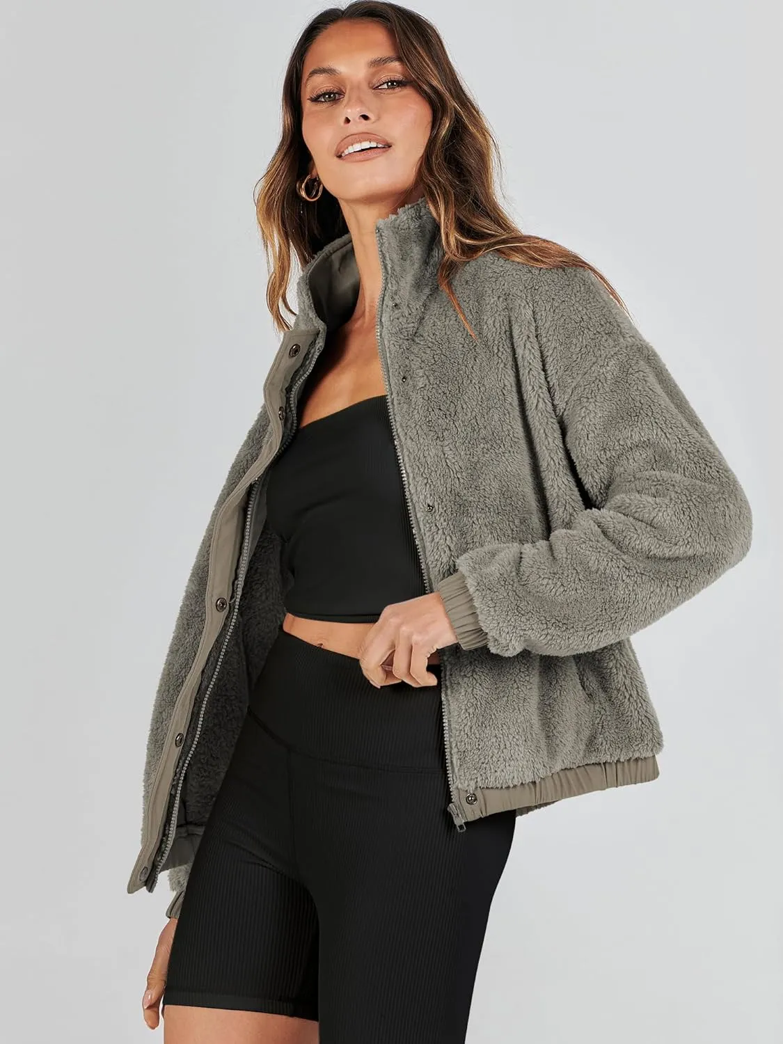 ANRABESS Womens Fleece Jacket Casual Long Sleeve Cropped Sherpa Button Down Fuzzy Warm Coats Fall Outwear With Pockets
