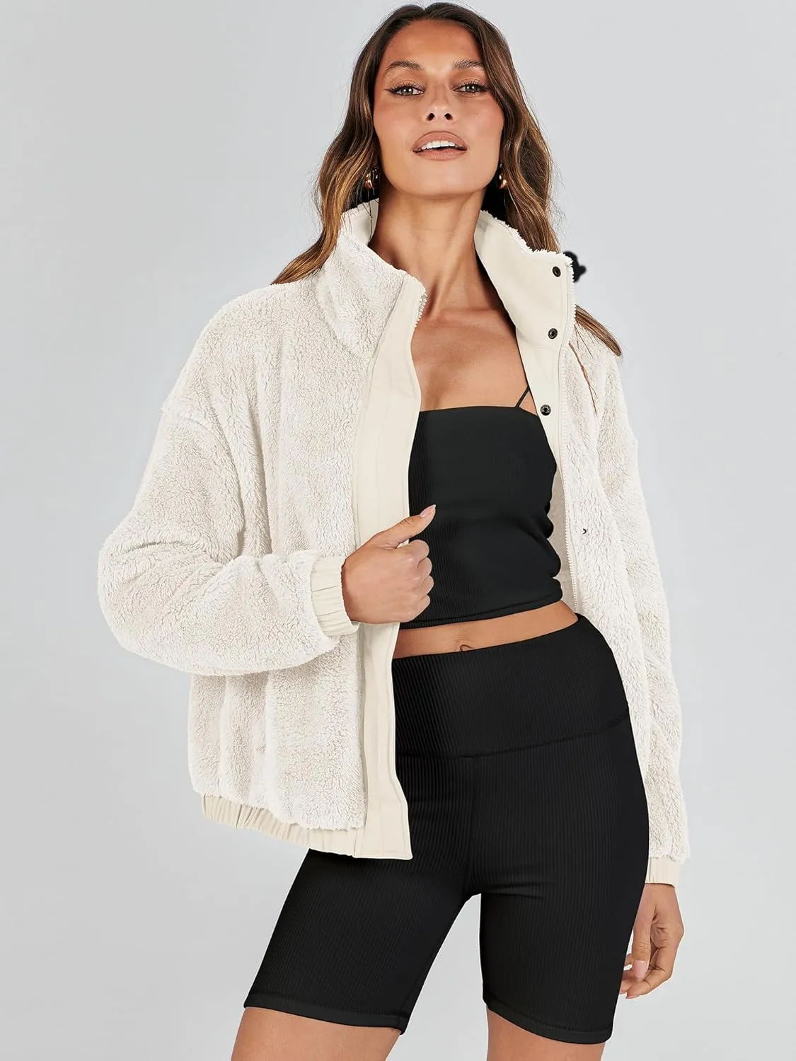ANRABESS Womens Fleece Jacket Casual Long Sleeve Cropped Sherpa Button Down Fuzzy Warm Coats Fall Outwear With Pockets
