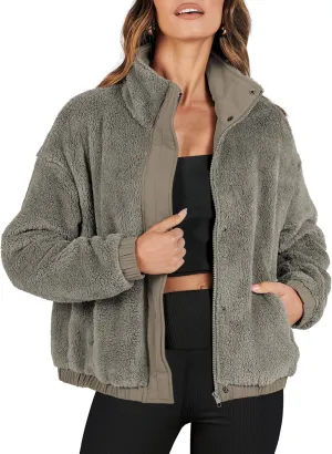 ANRABESS Womens Fleece Jacket Casual Long Sleeve Cropped Sherpa Button Down Fuzzy Warm Coats Fall Outwear With Pockets