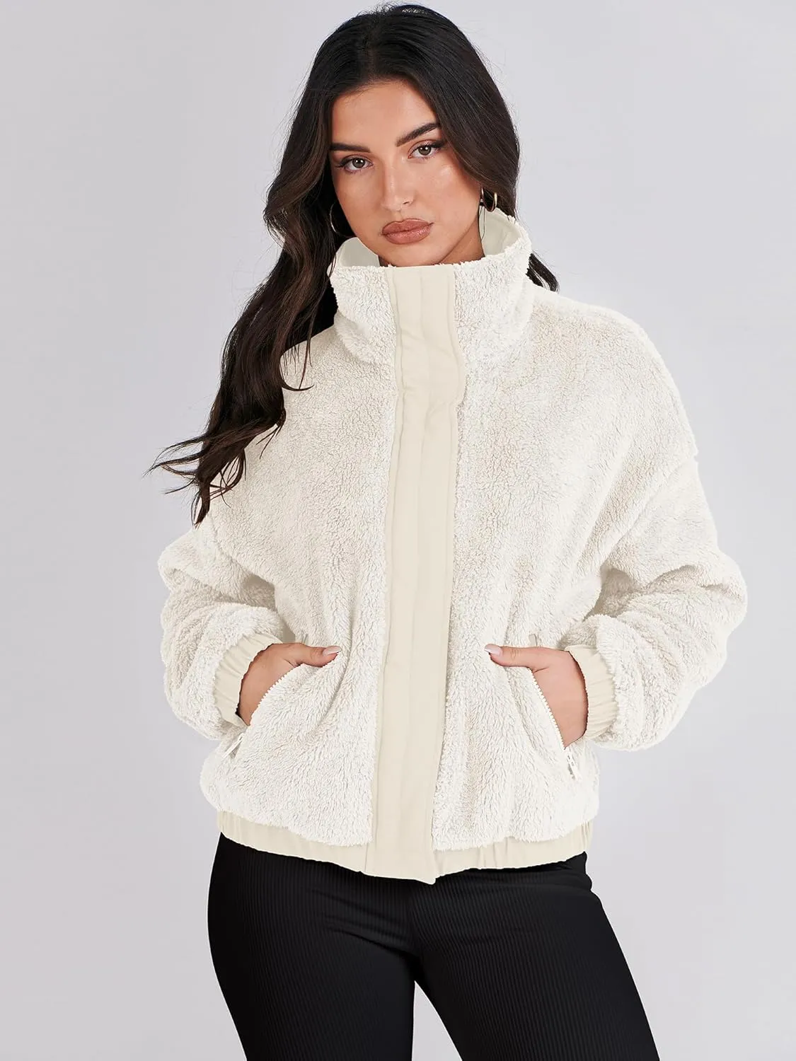 ANRABESS Womens Fleece Jacket Casual Long Sleeve Cropped Sherpa Button Down Fuzzy Warm Coats Fall Outwear With Pockets
