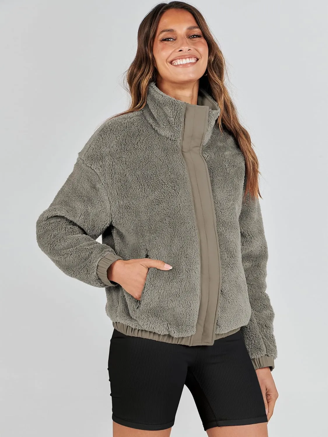 ANRABESS Womens Fleece Jacket Casual Long Sleeve Cropped Sherpa Button Down Fuzzy Warm Coats Fall Outwear With Pockets