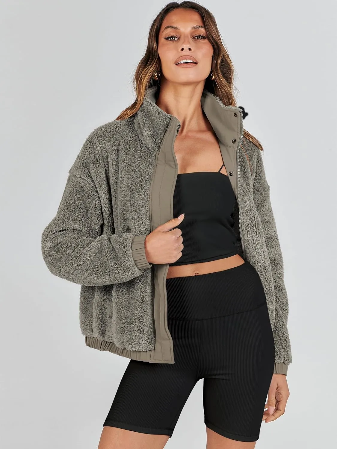 ANRABESS Womens Fleece Jacket Casual Long Sleeve Cropped Sherpa Button Down Fuzzy Warm Coats Fall Outwear With Pockets