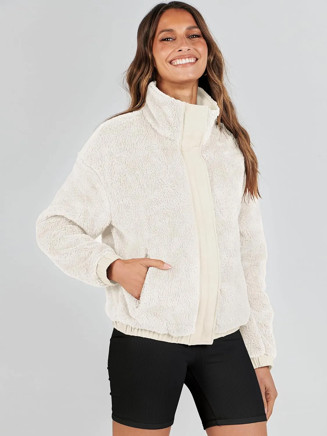 ANRABESS Womens Fleece Jacket Casual Long Sleeve Cropped Sherpa Button Down Fuzzy Warm Coats Fall Outwear With Pockets