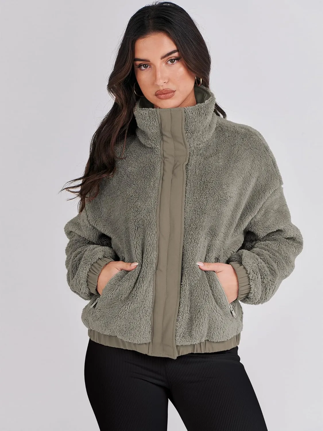 ANRABESS Womens Fleece Jacket Casual Long Sleeve Cropped Sherpa Button Down Fuzzy Warm Coats Fall Outwear With Pockets