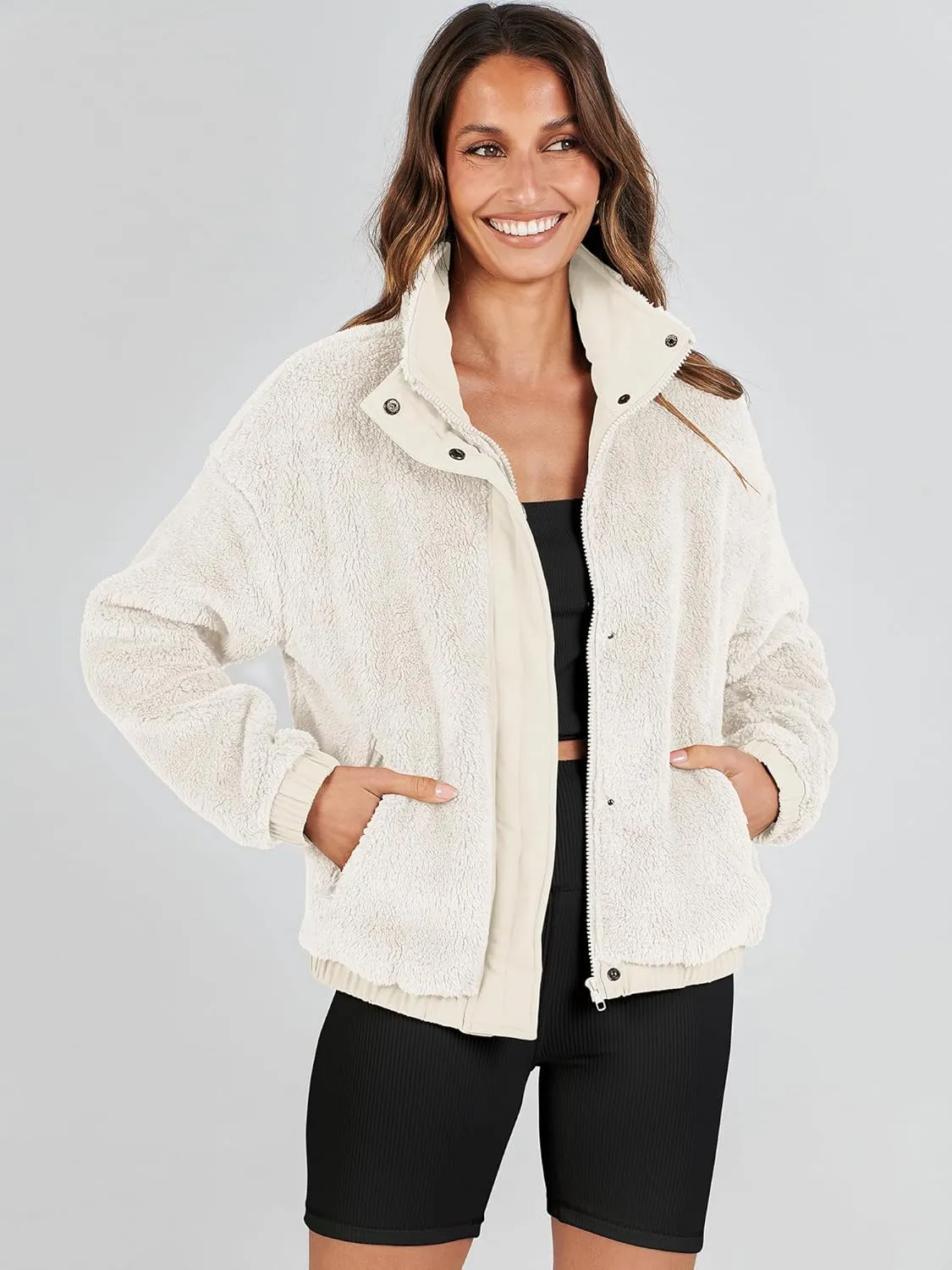 ANRABESS Womens Fleece Jacket Casual Long Sleeve Cropped Sherpa Button Down Fuzzy Warm Coats Fall Outwear With Pockets