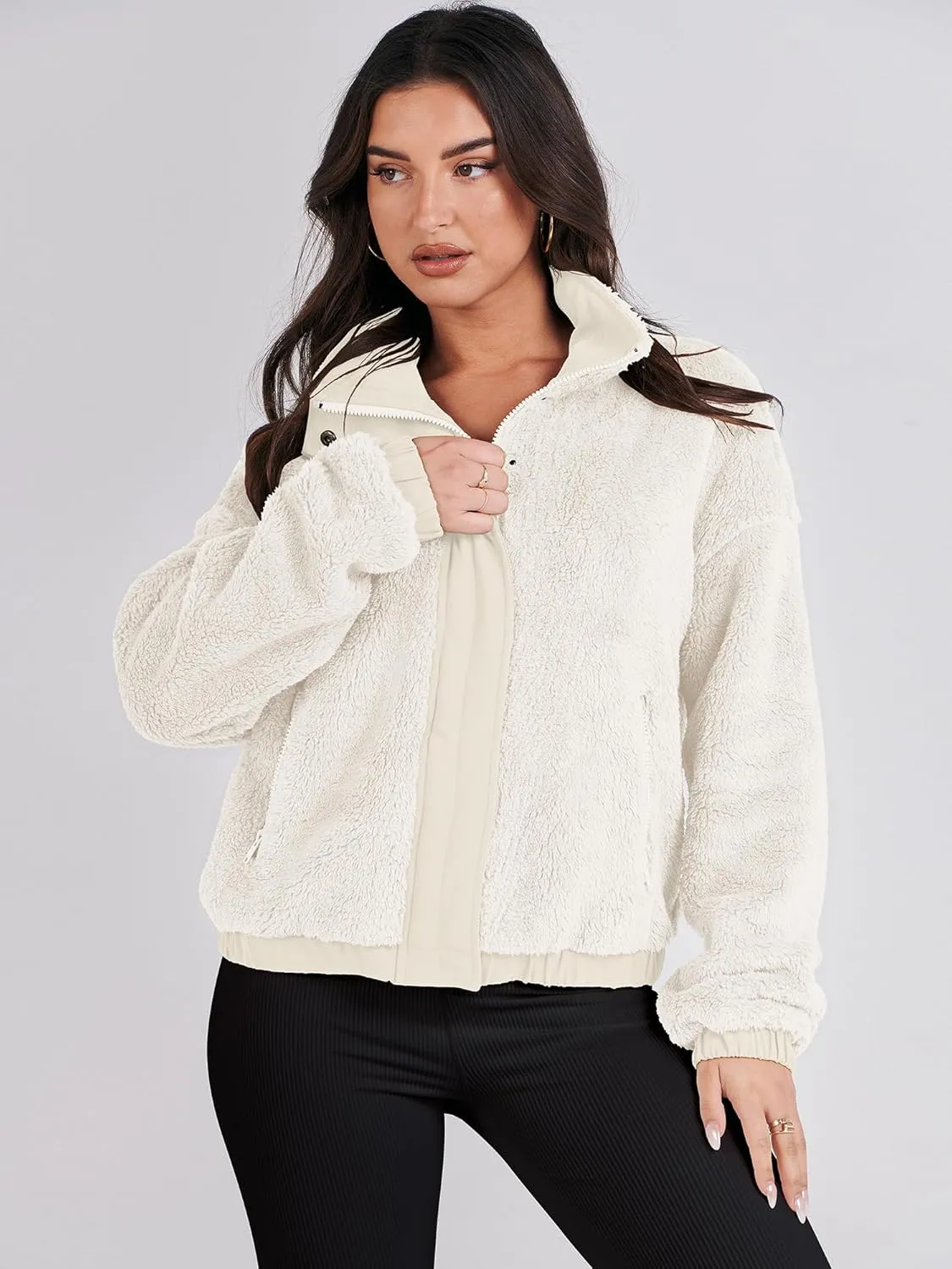 ANRABESS Womens Fleece Jacket Casual Long Sleeve Cropped Sherpa Button Down Fuzzy Warm Coats Fall Outwear With Pockets