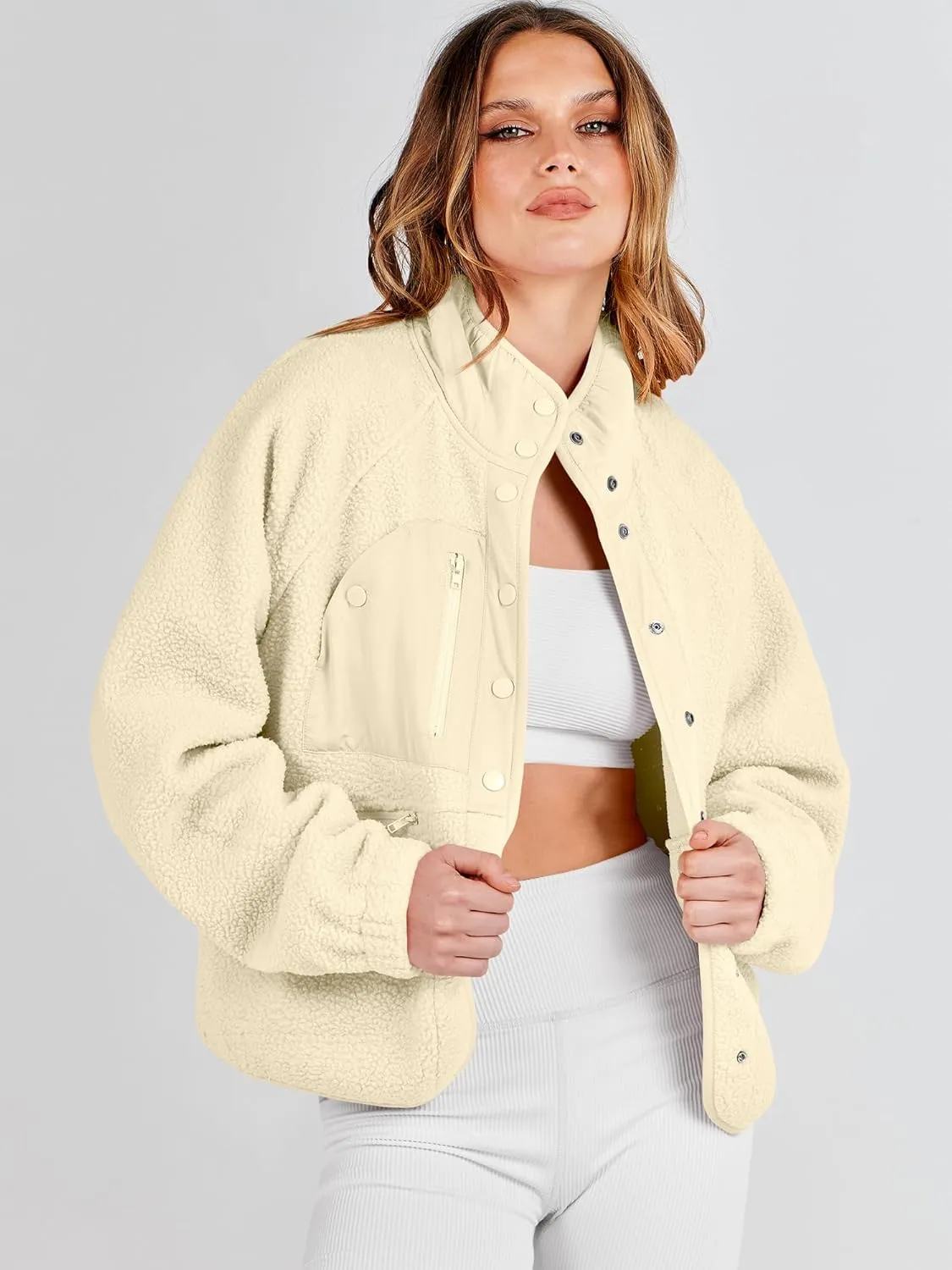 ANRABESS Womens Fuzzy Fleece Jacket Fall Casual Long Sleeve Cropped Sherpa Button Down Shacket Coats Outwear With Pockets