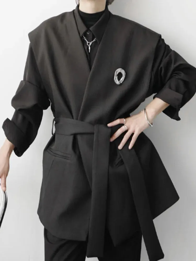 Bonsir -  Menswear Korean V-neck Belt Vest Medium Style Solid Color Double-breasted Loose spring Fashion Casual 2A1928