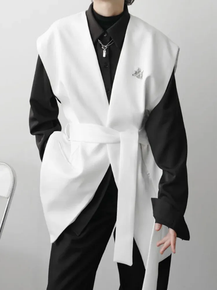 Bonsir -  Menswear Korean V-neck Belt Vest Medium Style Solid Color Double-breasted Loose spring Fashion Casual 2A1928