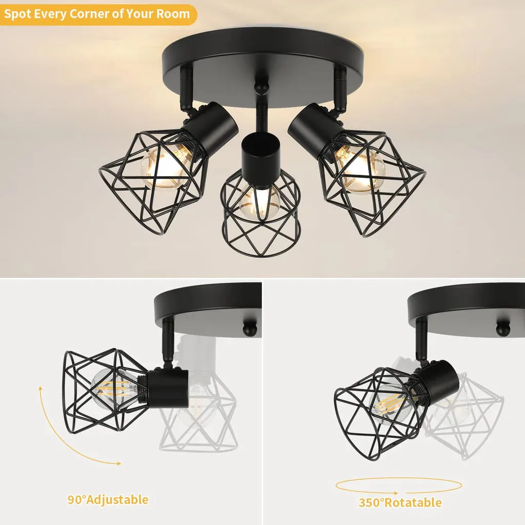 Ceiling Lights Spotlight , 3 Way Spot Lights 350 Adjustable, E14 Base Black Light Shade Metal Wire Cage Light Fittings