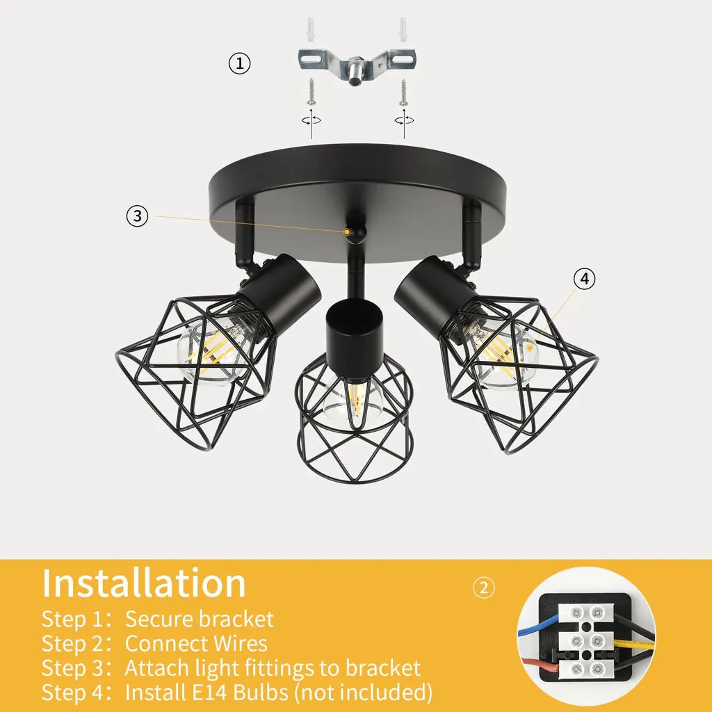 Ceiling Lights Spotlight , 3 Way Spot Lights 350 Adjustable, E14 Base Black Light Shade Metal Wire Cage Light Fittings