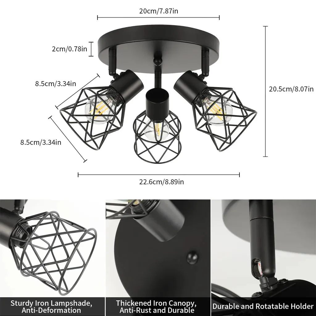 Ceiling Lights Spotlight , 3 Way Spot Lights 350 Adjustable, E14 Base Black Light Shade Metal Wire Cage Light Fittings