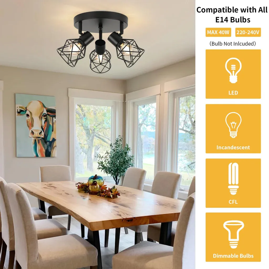 Ceiling Lights Spotlight , 3 Way Spot Lights 350 Adjustable, E14 Base Black Light Shade Metal Wire Cage Light Fittings