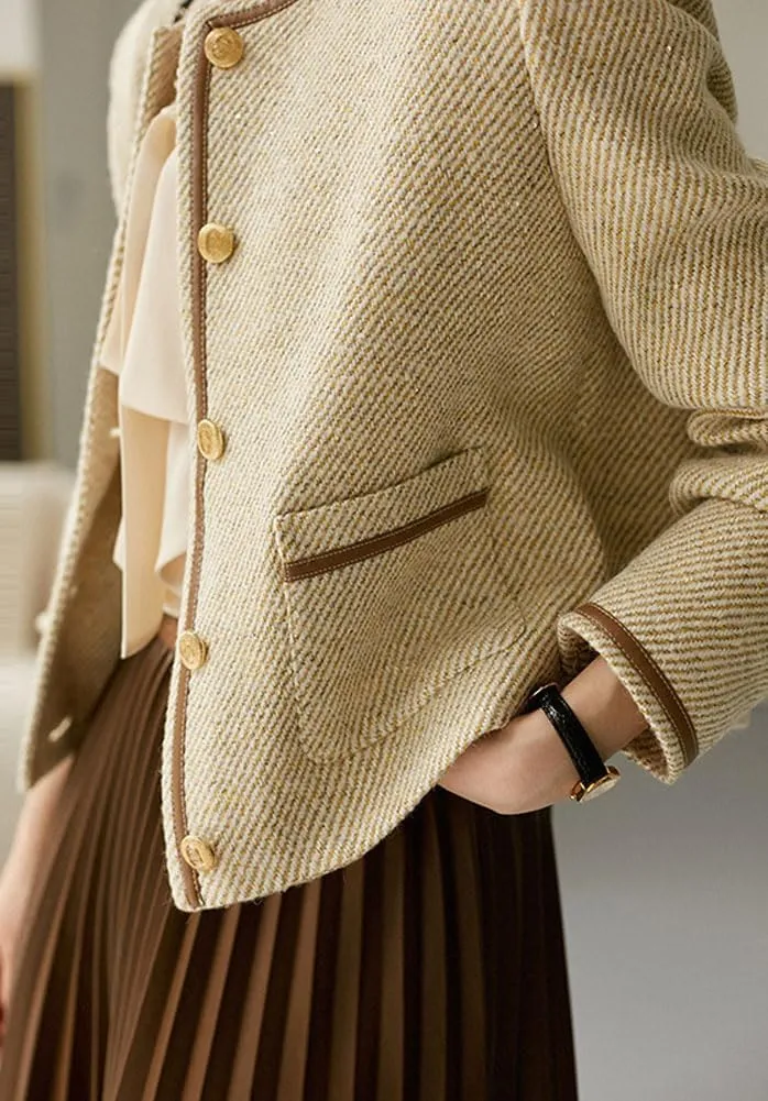 chouyatou Women's Vintage Striped Collarless Tweed Jacket Button Down Business Casual Cropped Blazer Jacket