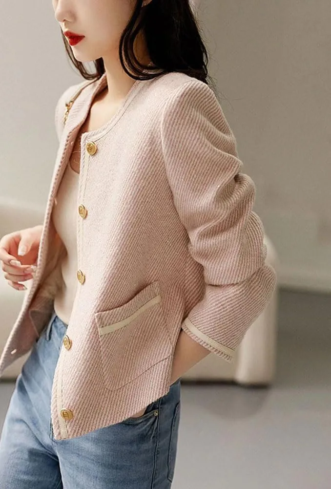 chouyatou Women's Vintage Striped Collarless Tweed Jacket Button Down Business Casual Cropped Blazer Jacket