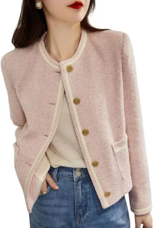 chouyatou Women's Vintage Striped Collarless Tweed Jacket Button Down Business Casual Cropped Blazer Jacket