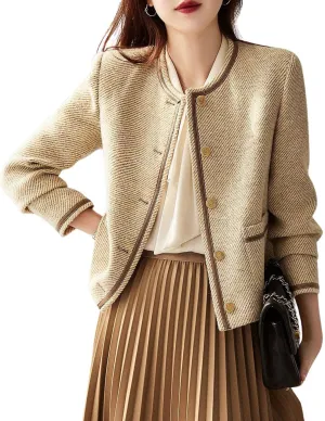 chouyatou Women's Vintage Striped Collarless Tweed Jacket Button Down Business Casual Cropped Blazer Jacket