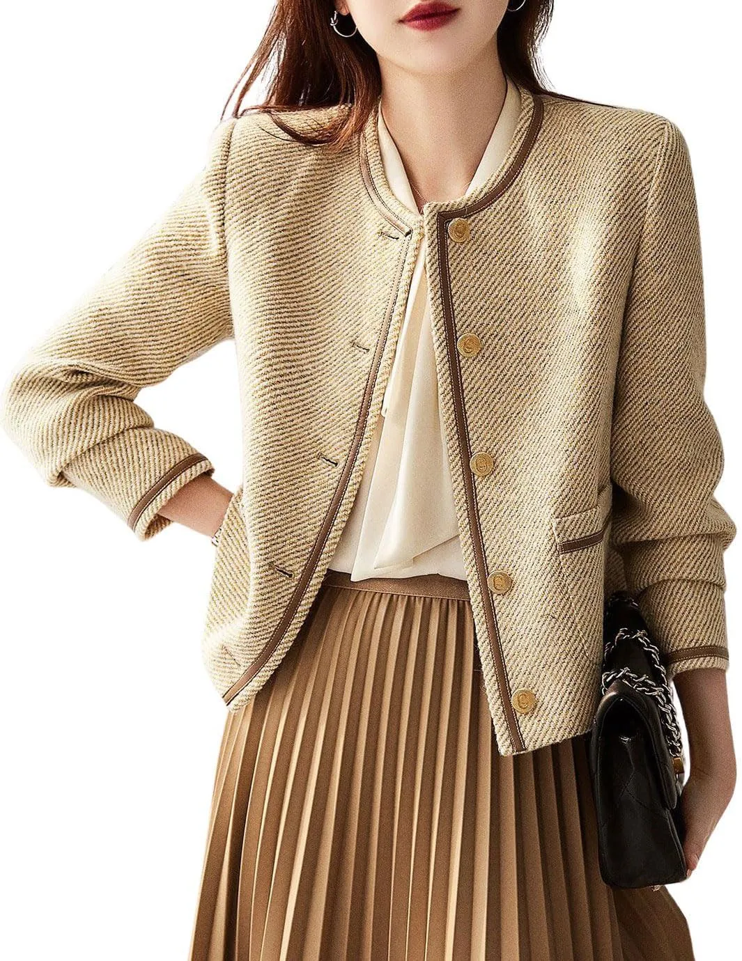 chouyatou Women's Vintage Striped Collarless Tweed Jacket Button Down Business Casual Cropped Blazer Jacket