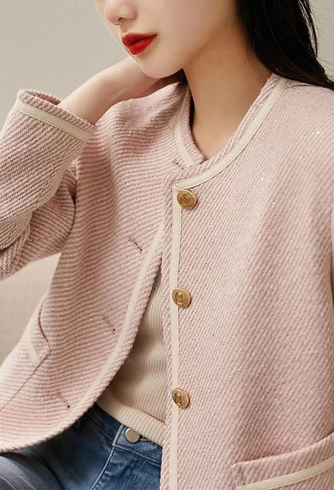 chouyatou Women's Vintage Striped Collarless Tweed Jacket Button Down Business Casual Cropped Blazer Jacket