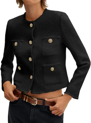 Cicy Bell Womens Cropped Tweed Blazer Collarless Casual Business Suit Jacket Fall Elegant Outerwear